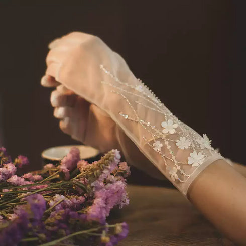 White Bridal Tulle Wedding Gloves – Floral Embellished Gloves